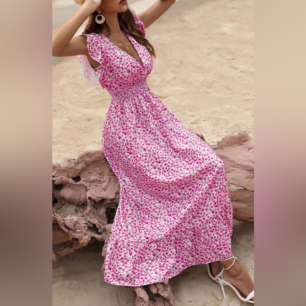 NEW Boho Spring Summer Pink Floral Print Butterfly Sleeve Ruffle Hem Maxi Dress